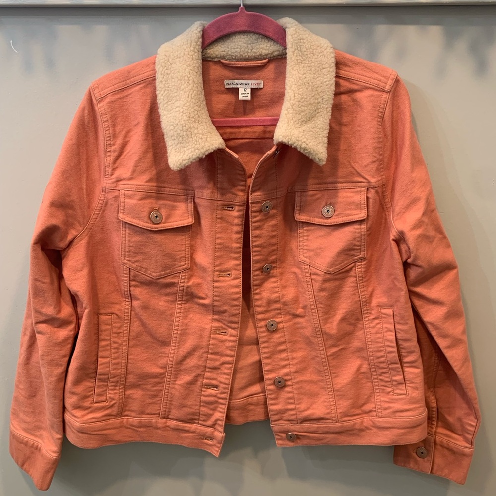 Isaac Mizrahi Women's Sherpa Collar Denim Jacket - Peach